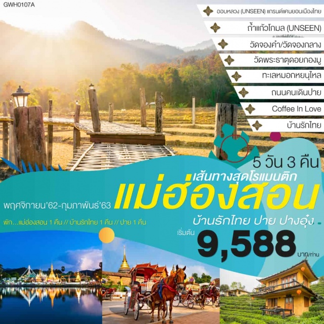 เชียงใหม่ ออบหลวง สวนสนบ่อแก้ว แม่ฮ่องสอน ถ้ำแก้วโกมล พระธาตุดอยกองมู เที่ยวภาคเหนือ เชียงใหม่–ออบหลวง–สวนสนบ่อแก้ว–แม่ฮ่องสอน–ถ้ำแก้วโกมล–พระธาตุดอยกองมู–ถนนคนเดินแม่ฮ่องสอน
วัดจองคำ–วัดจองกลาง–สะพานซูตองเป้–ภูโคลน–พระตำหนักปางตอง–บ้านรักไทย
ปางอุ๋ง–จุดชมวิวปางมะผ้า–จุดชมวิวจ่าโบ่–ถ้ำลอด–ปาย–วัดพระธาตุแม่เย็น–ถนนคนเดินปาย
ทะเลหมอกหยุนไหล–บ้านสันติชล–วัดน้ำฮู–CoffeeinLove-HillsideCoffeeHouse–สะพานประวัติศาสตร์–กาดทุ่งเกวียน