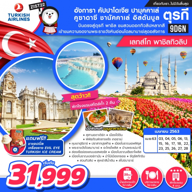  บินตรงสู่ตุรกีพักดีโรงแรม4ดาวพาชิลชมสวลดอกทิปลิปหลากสีเข้าชมความงดงามจุดไฮไลท์พระราชวังหินอ่อนโดลมาบาห์เช่และสุเหร่าสีน้ำเงินสุดอลังการสุดว้าวพักโรงแรมสไตล์ถ้ำ2คืน!!พิเศษมื้ออาหารไทยรสเด็ด