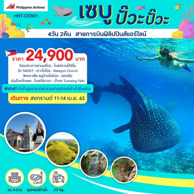  	โปรแกรมทัวร์คัดสรรสถานที่ท่องเที่ยวมาอย่างดีเส้นทางการเดินรถไม่ย้อนทำให้ไม่เสียเวลา
บินโดยสายการบินประจำชาติฟิลิปปินส์ไม่เสียเวลาเปลี่ยนเครื่องน้ำหนักกระเป๋า25กิโลกรัม
โปรแกรมนี้เหมาะกับทุกวัยรวบรวมสถานที่เที่ยวไฮไลท์ทั้งหมดอาทิเช่นการว่ายน้ำชมฉลามวาฬอย่างใกล้ชิดเกาะโบโฮลลิงทราเซียเนินช็อคโกแลตโบสถ์ซานโต้นิโน
มีหัวหน้าทัวร์ดูแลตลอดทั้งทริป
โปรแกรมทัวร์รวมค่าอุปกรณ์ดำน้ำตื้นเรียบร้อยแล้ว