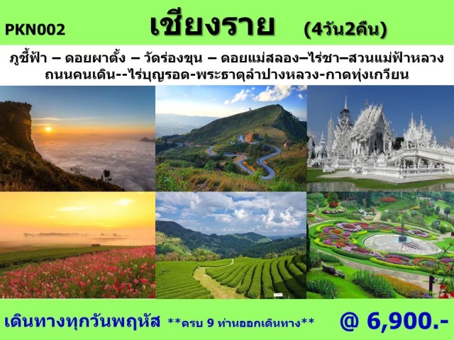 ้เชียงราย ภูชี้ฟ้า วัดร่องขุน ้เที่ยวภาคเหนือ ภูชี้ฟ้า ดอยผาดั้ง วัดร่องขน ดอยแม่สลอง ไร่ชา สวนแม่ฟ้าหลวง
ถนนคนเดิน ไร่บุญรอด พระธาตุลำปางหลวง กาดทุ่งเกวียน