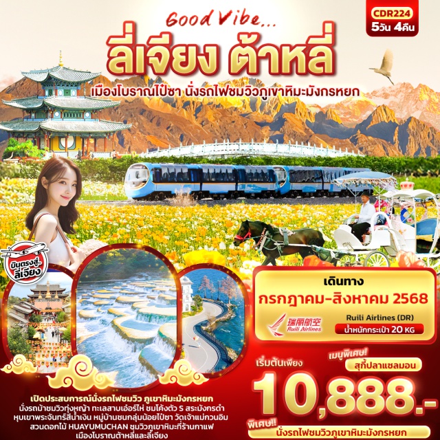 ลี่เจียง ต้าหลี่ ภูเขาหิมะมังกรหยก นั่งรถไฟชมวิว ภูเขาหิมะมังกรหยก - นั่งรถม้าชมวิวทุ่งหญ้า - ทะเลสาบเอ๋อร์ไห่ - หุบเขาพระจันทร์สีน้ำเงิน - หมู่บ้านชนกลุ่มน้อยไปซา - วัดเจ้าแม่กวนอิม - สวนดอกไม้ HUAYUMUCHAN - เมืองโบราณต้าหลี่และลี้เจียง