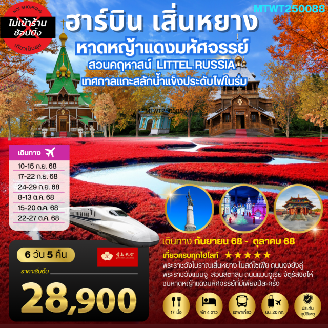 ฮาร์บิน เสิ่นหยาง โบสถ์โซเฟีย หาดหญ้าแดงมหัศจรรย์ พระราชวังโบราณเสิ่นหยาง โบสถ์โซเฟีย ถนนนจงยังลู่
พระราชวังแมนจู สวนสตาลิน ถนนแมนจูเรีย จัตุรัสชิงไห่
ชมหาดหญ้าแดงมหัศจรรย์ที่มีเพียงปีละครั้ง
#พัก4ดาว