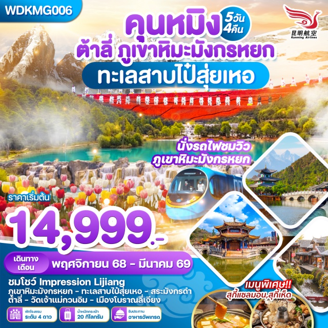 ภูเขาหิมะมังกรหยก เมืองโบราณลี่เจียง ทะเลสาบเอ๋อร์ไห่ ต้าหลี่ (Dali)ㆍวัดเจ้าแม่กวนอิม (Guanyin Temple)ㆍเจดีย์สามองค์ (Three Pagodas)ㆍทะเลสาบเอ๋อร์ไห่ (Erhai Lake)ㆍเมืองโบราณต้าหลี่ (Dali Old Town)ㆍลี่เจียง (Lijiang)ㆍสระมังกรดำ (Black Dragon Pool)ㆍเมืองโบราณลี่เจียง (Lijiang Old Town)ㆍภูเขาหิมะมังกรหยก (Jade Dragon Snow Mountain)ㆍการแสดงความประทับใจแห่งลี่เจียง (Impression Lijiang Show)ㆍทะเลสาบไป๋สุ่ยเหอ (Baishuihe Lake)ㆍร้านบัวหิมะ (Snow Lotus Shop)ㆍฉูฉง (Chuxiong)ㆍร้านหยก (Jade Shop)ㆍทะเลสาบเตียนฉือ (Dianchi Lake)ㆍทุ่งดอกทิวลิป (Tulip Field)
#เที่ยวเต็มไม่มีวันอิสระ