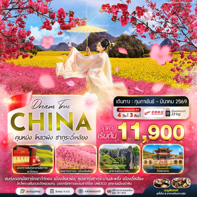 คุนหมิง โหลวผิง ซากุระอี้เหลียง เมืองโหลวผิงㆍเขาทุ่งดอกมัสตาร์ดเขาไก่ทองㆍอุทยานป่าหินㆍเมืองอี้เหลียงㆍหุบเขาทุ่งซากุระㆍเมืองคุนหมิงㆍร้านบัวหิมะㆍสวนน้ำตกคุนหมิงㆍถนนเดินจินปี้ลู่ㆍประตูม้าทองไก่หยกㆍPOP MART (รายละเอียดโปรแกรมทัวร์)ㆍวัดหยวนทงㆍร้านหยกㆍอุทยานเหล่าหยูเหอ (ชมดอกทิวลิป)ㆍภูเขาหยวนทง (ชมดอกซากุระ)
#พัก4ดาว