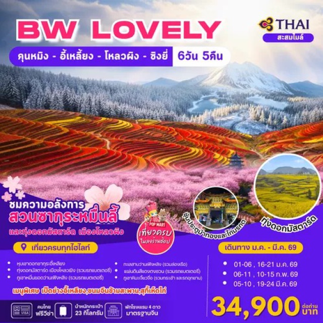 คุนหมิง อี้เหลี้ยง โหลวผิง ซิงยี่ คุนหมิง (Kunming)ㆍถนนคนเดินทางจินปี้ลู่ (Jinbi Road Pedestrian Street)ㆍซุ้มประตูม้าทอง (Golden Horse Archway)ㆍซุ้มประตูไก่มรกต (Jade Rooster Archway)ㆍPOPMART (Pop Mart Store)ㆍอี้เหลียง (Yiliang)ㆍหุบเขาดอกซากุระ (Cherry Blossom Valley)ㆍโหลวผิง (Luoping)ㆍทุ่งดอกมัสตาร์ด เมืองโหลวผิง รวมรถแบตเตอรี่ (Mustard Field Luoping)ㆍซิงยี่ (Xingyi)ㆍภูเขาหมื่นยอดว่านเฟิงหลิง รวมรถแบตเตอรี่ (Wanfenglin Scenic Area / Ten-Thousand Peaks Forest)ㆍทะเลสาบว่านเฟิง ล่องเรือ (Wanfeng Lake)ㆍช่องแคบหม่าหลิงเหอ (Maling River Canyon)ㆍตงชวน (Dongchuan)ㆍแผ่นดินแดงตงชวน (Dongchuan Red Land)ㆍสวนจิ่นซิ่ว (Jinxiu Garden)ㆍจุดชมวิวลั่วเสียโกว รวมรถแบตเตอรี่ (Luoxiagou Scenic Viewpoint)ㆍเขาหิมะเจี๊ยวจือ รวมกระเช้าและรถอุทยาน (Jiaozi Snow Mountain)ㆍน้ำตกคุนหมิง (Kunming Waterfall / Kunming Waterfall Park)ㆍวัดหยวนทง (Yuantong Temple)
#พัก4ดาว#ฟรีวีซ่า#ไม่ลงร้านช้อป#เที่ยวเต็มไม่มีวันอิสระ