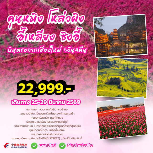 บินตรงเชียงใหม่ คุนหมิง โหลวผิง ซิงอี้ สวนลาวยีหือ (Laoyihe Garden)ㆍอุทยานป่าหิน (Stone Forest)ㆍทุ่งดอกมัสตาร์ดภูเขาไก่ทอง (Luoping Rapeseed Field)ㆍเมืองโบราณเฟิงหลิงปู้ยี่ (Fengling Buyi Ancient Town)ㆍวัดหยวนทง (Yuantong Temple) #เที่ยวเต็มไม่มีวันอิสระ #ไม่ลงร้านช้อป