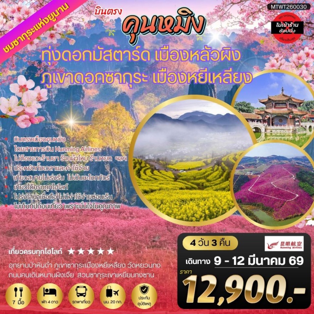 คุนหมิง หลัวผิง สือหลิน ทุ่งดอกมัสตาร์ดหลัวผิง (Luoping Canola Fields)ㆍภูเขาร้อยยอด (Jiulong Waterfalls & Peaks)ㆍอุทยานป่าหินดำสือหลิน (Stone Forest Park)ㆍถนนคนเดินหนานผิงเจีย (Nanping Pedestrian Street)ㆍวัดหยวนทง (Yuantong Temple) #เที่ยวเต็มไม่มีวันอิสระ #ไม่ลงร้านช้อป