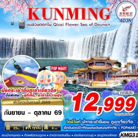 ทัวร์จีน ตำหนักทองจินเตี้ยน (Jindian Golden Temple) ㆍ สวนน้ำตกคุนหมิง (Kunming Waterfall Park) ㆍ ภูเขาหิมะเจี้ยวจื่อ (Jiaozi Snow Mountain) ㆍ ประตูม้าทองไก่หยก (Golden Horse and Jade Rooster Archways) ㆍ ทะเลดอกไม้โต้วหนาน (Qicai Flower Sea of Dounan) ㆍ วัดหยวนทง (Yuantong Temple)#พัก4ดาว#เที่ยวเต็มไม่มีวันอิสระ