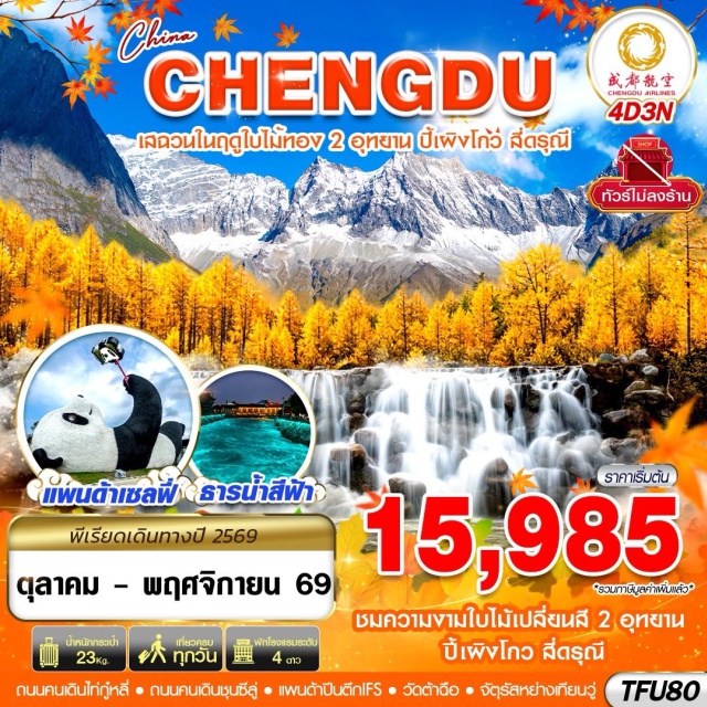 เสฉวน เฉิงตู ตูเจียงเยี่ยน อุทยานปี้เผิงโกว ภูเขาสี่ดรุณี อุทยานปี้เผิงโกว (Bipenggou Scenic Area) ㆍ จัตุรัสหย่างเทียนวู่ (Yangtianwo Square) ㆍ แพนด้าเซลฟี่ (Selfie Panda) ㆍ สะพานหนานเฉียว (Nanqiao Bridge) ㆍ ภูเขาสี่ดรุณีซวงเฉียวโกว (Mount Siguniang Shuangqiao Valley) ㆍ วัดต้าฉือ (Daci Temple) ㆍ ถนนคนเดินไท่กู๋หลี่ (Taikoo Li) ㆍ ถนนคนเดินชุนซีลู่ (Chunxi Road) ㆍ แพนด้ายักษ์ปีนตึก IFS (IFS Climbing Panda) #เที่ยวเต็มไม่มีวันอิสระ #ไหว้พระ