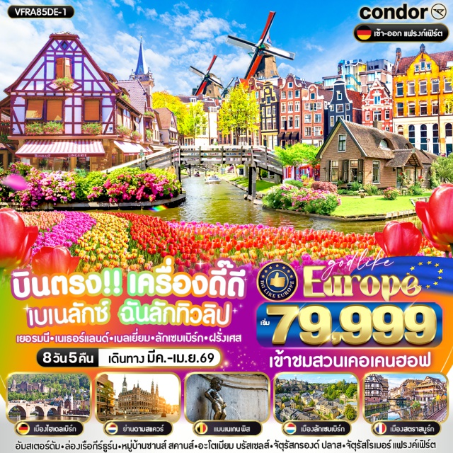เยอรมัน เนเธอร์แลนด์ เบลเยี่ยม ลักเซมเบิร์ก ฝรั่งเศส เมืองไฮเดลเบิร์ก ย่านดามสแควร์ แมนเนเกน พิส เมืองลักเซมเบิร์ก เมืองสตราสบูร์ก
อันสเตอร์ดัม-ล่องเรือกีร์ธูร์น-หมู่บ้านซานส์ สคานส์-อะโตเมียม บรัสเซลส์-จัตุรัสกรองด์ ปลาส-จัตุรัสโรเมอร์ แฟรงค์เฟิร์ต