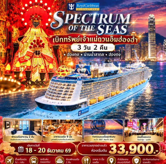 วัดแชกงหมิว วัดเจ้าแม่กวนอิมฮ่องฮำ ท่าเรือโอเชียนเทอร์มินอล(Ocean Terminal)-เรือสำราญสเปกตรัมออฟเดอะซีส์(Spectrum of the Seas)-น่านน้ำสากล(High Seas)-วัดเจ้าแม่กวนอิมฮ่องฮำ(Hung Hom Kwun Yum Temple)-วัดแชกงหมิว(Che Kung Temple)-ซิตี้เกทเอาท์เล็ท(Citygate Outlets)