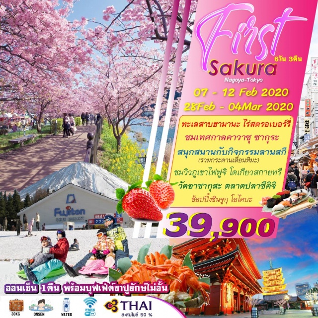  ทะเลสาบฮามานะ–เทศกาลชมซากุระเมืองคาวาซึ-เก็บสตรอเบอร์รี่
	MOTOSUVIEWHOTELORSIMILARCLASS“พิเศษ..บุฟเฟต์ขาปูยักษ์”
ภูเขาไฟฟูจิ(ผ่านชม)–กิจกรรมลานสกี–โตเกียว–ช้อปปิ้งชินจูกุ
	TMARKCITYHOTELTOKYOOMORIORSIMILARCLASS3*
อิสระท่องเที่ยวตามอัธยาศัย(ไม่มีรถบัสคอยอำนวยความสะดวก)
	TMARKCITYHOTELTOKYOOMORIORSIMILARCLASS3*
วัดอาซากุสะ–โตเกียวสกายทรี(แวะถ่ายรูป)–ตลาดปลาซึคิจิ–โอไดบะ