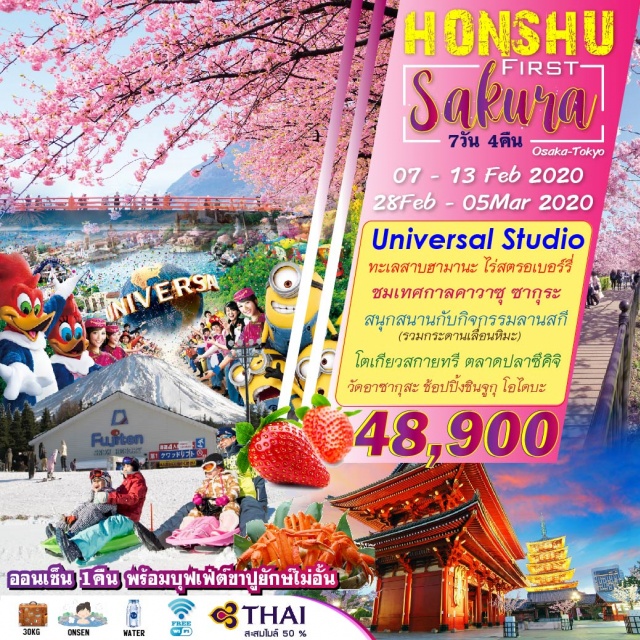  สวนสนุกยูนิเวอร์แซลสตูดิโอเจแปน
	CYPRESSHOTELNAGOYAORSIMILARCLASS3*
ทะเลสาบฮามานะ–เทศกาลชมซากุระเมืองคาวาซึ–เก็บสตรอเบอร์รี่
	MOTOSUVIEWHOTELORSIMILARCLASS“พิเศษ..บุฟเฟต์ขาปูยักษ์”
ภูเขาไฟฟูจิ(ผ่านชม)–กิจกรรมลานสกี–โตเกียว–ช้อปปิ้งชินจูกุ
	TMARKCITYHOTELTOKYOOMORIORSIMILARCLASS3*
อิสระท่องเที่ยวตามอัธยาศัย(ไม่มีรถบัสคอยอำนวยความสะดวก)
	TMARKCITYHOTELTOKYOOMORIORSIMILARCLASS3*
วัดอาซากุสะ–โตเกียวสกายทรี(แวะถ่ายรูป)–ตลาดปลาซึคิจิ–โอไดบะ