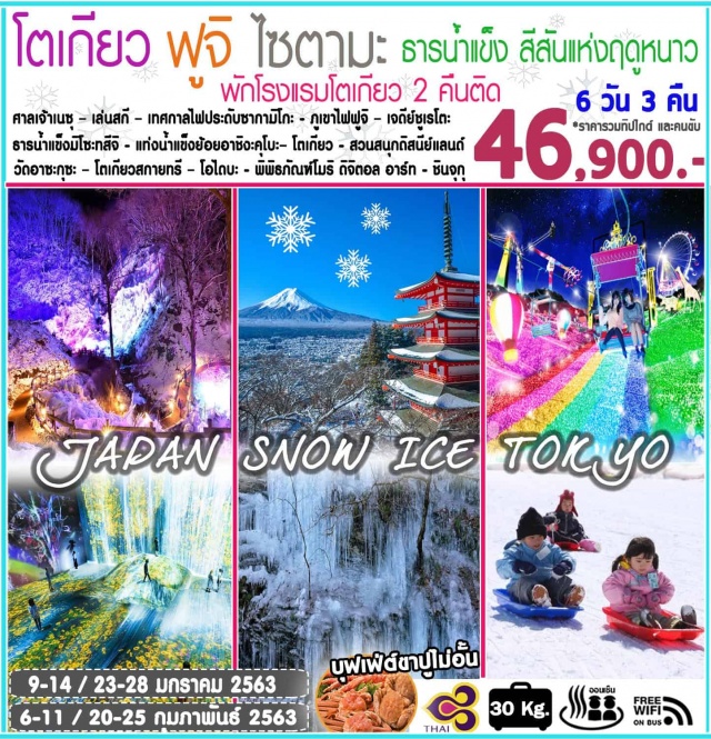  ศาลเจ้าเนซุ–เล่นสกี–เทศกาลไฟประดับซากามิโกะ-ออนเซ็น+ขาปูยักษ์ภูเขาไฟฟูจิ–เจดีย์ชูเรโตะ–ธารน้ำแข็งมิโซะทสึจิ–แท่งน้ำแข็งย้อยอาชิงะคุโบะ–โตเกียวอิสระช้อปปิ้งหรือเลือกทัวร์เสริมโตเกียวดิสนีย์แลนด์**ไม่มีรถบริการเดินทางโดยรถไฟ**วัดอาซะกุซะ–โตเกียวสกายทรี(ถ่ายรูป)–โอไดบะ–พิพิธภัณฑ์โมริดิจิตอลอาร์ท–ช้อปปิ้งย่านชินจุกุ–