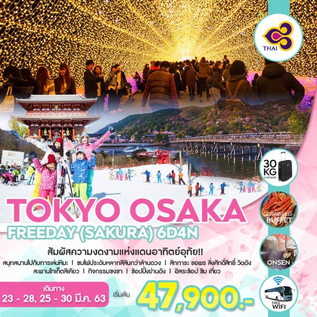  สัมผัสความงดงามแห่งแดนอาทิตย์อุทัย!!
สนุกสนานไปกับการเล่นหิมะกิจกรรมสุดฮิตของญี่ปุ่น
ชมไฟประดับหลากสีสันกว่าล้านดวงช้อปปิ้งย่างดัง
พิเศษบุฟเฟ่ต์ขาปูยักษ์และแช่ออนเซ็นสไตล์ญี่ปุ่นแท้ๆ!!