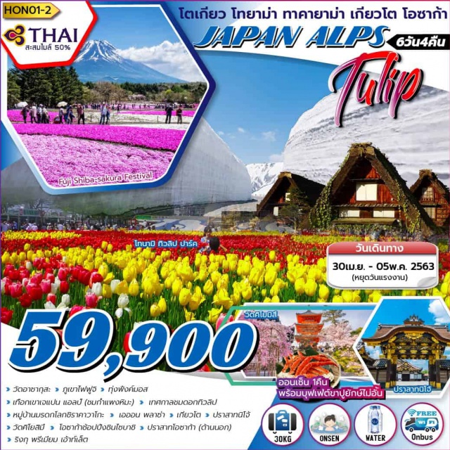 ชมกำแพงหิมะ ชิราคาวาโกะ เทศกาลชมดอกทิวลิป วัดอาชากุสะ ภูเขาไฟฟูจิ ทุ่งพังค์มอส
เทือกเขาเจแปน แอลป์ (ชมกำแพงหิมะ)  เทศกาลชมดอกทิวลิป
 หมู่บ้านมรตกโลกชิราคาวาโกะ  เอออน พลาซ่า เกี่ยวโต  ปราสาหนิโจ้
 วัดคิโยสิมี  โอชาก้าซ้อปปิ้งชินไชบาชิ ปราสาทโอชาก้า (ด้านนอก)
 ริงกุ พรีเมี่ยม เอ้าท์เล็ต