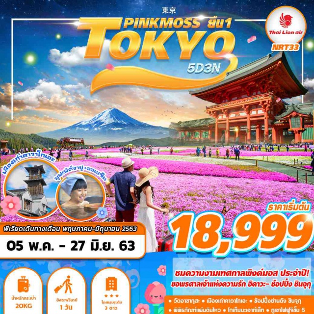 ชมทุ่งพิงค์มอส ศาลเจ้าฮิกาวะ วัดอาซากุสะ ชมความงามเทศกาลพิงค์มอส ประจำปี!
ขอพรศาลเจ้าแห่งความรัก ฮิคาวะ-ช้อปปิ้ง ชินจุกุ
วัดอาชากุสะ  เมืองเก่าคาวาโทเอะ  ช้อปปิ้งย่านดัง ชินจุกุ
 พิพิธภัณฑ์แผ่นดินไหว โกเท็มะอาท์เล็ท  กูเขาไฟฟูจิชั้น 5