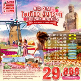 ทัวร์ เทศกาลชมดอกทิวลิป SAKURA TULIP FESTA ทุ่งทิวลิปกว่า 100 
สายพันธุ์รวมกันกว่า 800,000 ต้น 
สักการะ พระใหญ่อุชิคุ ไดบุสสึ พระพุทธรูปปางยืนที่สูงที่สุดในญี่ปุ่น
ขึ้น ภูเขาไฟฟูจิชั้น 5 สัญลักษณ์ของประเทศญี่ปุ่น (ขึ้นกับภูมิอากาศ)
หมู่บ้านโอชิโนะฮักไก วิวภูเขาไฟฟูจิสีขาวตัดกับพื้นหลังสีฟ้า
สัมผัสวัฒนธรรมดั้งเดิมของชาวญี่ปุ่น เรียนพิธีชงชาญี่ปุ่น (Sado)
ช้อปปิ้งจุใจโอไดบะ และ ชินจูกุ พร้อมเช็คอิน แลนด์มาร์คแห่งใหม่ แมวยักษ์ 3 มิติ
บุฟเฟ่ต์ขาปู และผ่อนคลายกับการแช่น้ำแร่ธรรมชาติ (ออนเซน)