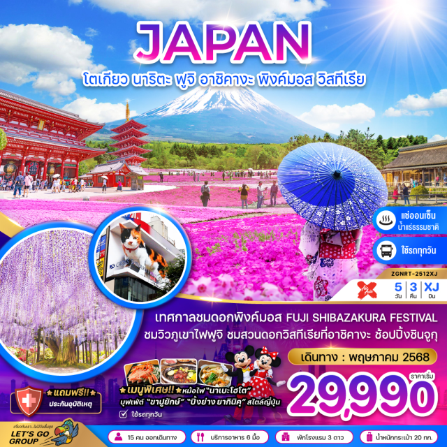 โตเกียว นาริตะ ฟูจิ เทศกาลชมดอกพิงค์มอส FUJI SHIBAZAKURA FESTIVAL ชมวิวภูเขาไฟฟูจิ ชมสวนดอกวิสทีเรียที่อาชิคางะ ช้อปปิ้งชินจูกุ เมนูพิเศษ!! หม้อไฟ 'นาเบะโฮโต' / บุฟเฟ่ต์ขาปูยักษ์ / บุฟเฟ่ต์ปิ้งย่าง ยากินิคุ สไตล์ญี่ปุ่น พักออนเซ็น 1 คืน