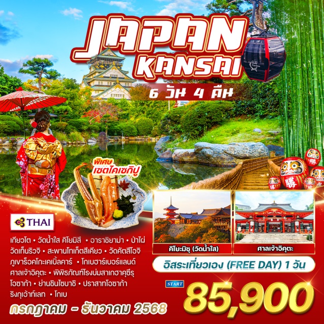 เกียวโต โอซาก้า โกเบ วัดน้ำใส คิโยมิสี - วัดเท็นริวจิ - สะพานโทเก็ตสึเคียว - วัดคัตสึโอจิ - ภูเขาร็อคโกะเคเบิ้ลคาร์ - โกเบฮาร์เบอร์แลนด์ - ศาลเจ้าอิคุตะ - ย่านชินไซบาชิ - ปราสาทโอซาก้า