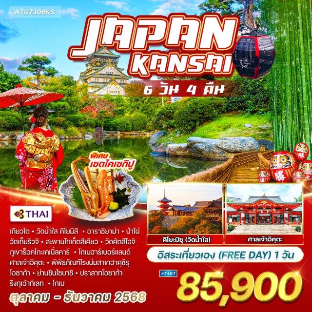 เกียวโต โอซาก้า โกเบ วัดน้ำใส คิโยมิสี - วัดเท็นริวจิ - สะพานโทเก็ตสึเคียว - วัดคัตสึโอจิ - ภูเขาร็อคโกะเคเบิ้ลคาร์ - โกเบฮาร์เบอร์แลนด์ - ศาลเจ้าอิคุตะ - ย่านชินไซบาชิ - ปราสาทโอซาก้า