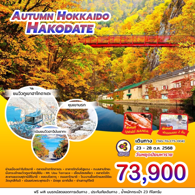 โมโตมาชิ ฮาโกดาเตะ ซัปโปโร ย่านเมืองเก่าโมโตมาชิㆍตลาดเช้าฮาฮาโกดาเตะㆍㆍอาคารโกดังอิฐแดงㆍทะเลสาบโทยะ
นั่งกระเช้าชมวิวภูเขาไฟอุสีชัน ㆍ Mt. Usu Terraceㆍเขื่อนโฮเฮเคียวㆍตลาดโจไก ㆍ
สะพานแขวนฟุตามิสึริบาชีㆍคลองโอตารㆍ ถนนชาไกมาชิㆍ ㆍ โรงงานช็อคโกแลตอิชิยะ ㆍ วัดบุทสึกันจิ + เนินแห่งพระพุทธเจ้า - มิตซุย เอาล็ด + ย่านทาบุกิโคจิ
พิเศษ บุฟเฟ่ต์ Nanda และ พักออนเซน 2 คืน