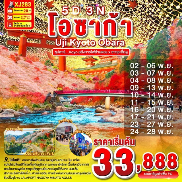 โอซาก้า เกียวโต อุจิ นาโกย่า -สัมผัสวัฒนธรรมของเมืองอุจิ แหล่งปลูก 'ชาเขียวอุจิ' ที่ดีที่สุดในญี่ปุ่น 
-ย่านเมืองเก่าอินุยะมะโจคามาจิ หมู่บ้านโบราณเก่าแก่มาตั้งแต่สมัยโชวะและเอโดะ 
-ศาลเจ้าซังโคอินาริ จุดเด่นเสาโทริอิสีแดงที่เรียงราย และแผ่นป้ายขอพรรูปหัวใจสีชมพู 
-ไฮไลท์!! อลังการไฟล้านดวง ณ หมูบ้านนาบานะ โนะ ซาโตะ
-ชมใบไม้เปลี่ยนสีที่สวยที่สุดในภูมิภาค ณ หุบเขาโครังเค (ขึ้นกับภูมิอากาศ)
-สวนโอบาระฟุเรไอ ซากุระสี่ฤดูของโอบาระปลูกไว้ถึงราว 300 ต้น
สามารถชมดอกซากุระที่สวยงามได้พร้อมกับใบไม้ที่เปลี่ยนสี (ขึ้นกับภูมิอากาศ)
-สักการะสิ่งศักดิ์สิทธิ์ ณ ศาลเจ้าเฮอัน ศาลเจ้าแห่งความสงบแห่งกรุงเกียวโต
-สัมผัสวัฒนธรรมดั้งเดิมของชาวญี่ปุ่น เรียนพิธีชงชาญี่ปุ่น (Sado)
-ช้อปปิ้งจุใจ ณ LALAPORT NAGOYA MINATO AQULS และ 
-ย่านชินไซบาชิ พร้อมเช็คอิน ป้ายกูลิโกะแมน แห่ง โดทงโบริ
-มีน้ำดื่มบริการบนรถบัสวันละ 1 ขวด