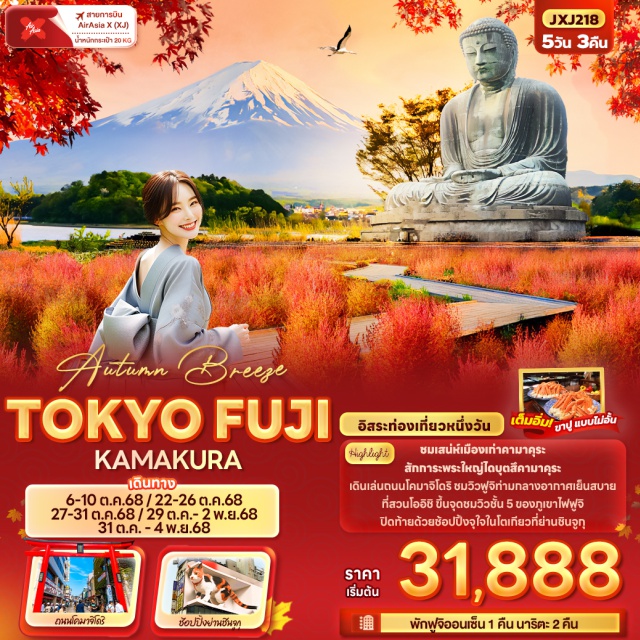 โตเกียว ยามานาชิ ฟูจิ ชมเสน่ห์เมืองเก่าคามาคุระ สักการะพระใหญ่ไดบุตสึคามาคุระ 
เดินเล่นถนนโคมาจิโดริ ชมวิวฟูจิท่ามกลางอากาศเย็นสบายที่สวนโออิชิ 
ขึ้นจุดชมวิวชั้น 5 ของภูเขาไฟฟูจิ ปิดท้ายด้วยช้อปปิ้งจุใจในโตเกียวที่ย่านชินจูกุ#มีวันอิสระ