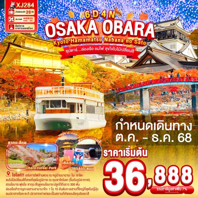 โอซาก้า นาโกย่า เกียวโต อลังการไฟล้านดวง ณ หมู่บ้านนาบานะ โนะ ซาโตะ
ชมใบไม้เปลี่ยนสีที่สวยที่สุดในภูนิภาค ณ หุบเขาโครังเค (ขึ้นกับภูมิอากาศ)
สวนโอบาระฟเรไอ ซากุระสี่กคูของโอบาระปลูกไว้ถึงราว 300 ตัน
ล่องเรือสำราญทะลสาบฮามามาโกะ 1 ใน 10 อันคันคันทะเลสามที่ใหญ่ที่สุดในญี่ปุ่น
ชมปราสากโอคะซะที ปราสากแทำแก่และเป็นสถานที่เกิดของโชกุนอิเอยาสี