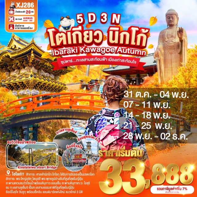 โตเกียว นิกโก้ อิบารากิ สักการะ ศาลเจ้านิกโกะโทโชกุ ได้รับการรับรองเป็นมรดกโลก จาก UNESCO
ขอพรความรัก ณ ศาลเจ้าฟูตาระซัง และย้อนยุคไปกับ 
สักการะ พระใหญ่อุชิคุ ไดบุสสึ พระพุทธรูปปางยืนที่สูงที่สุดในญี่ปุ่น
สะพานแขวนชมวิวโซนน้ำพุร้อนคินุกาวะออนเซ็น สะพานคินุทาเทะวะ โอซุริ
ชม ทะเลสาบชูเซ็นจิ เป็นทะเลสาบธรรมชาติที่สูงที่สุดในญี่ปุ่น
ย้อนยุคไปกับ หมู่บ้านเอโดะจิ๋ว ณ คาวาโกเอะ จ.ไซตามะ
ช้อปปิ้งจุใจ ชินจูกุ พร้อมเช็คอิน แลนด์มาร์คแห่งใหม่ แมวยักษ์ 3 มิติ
มีน้ำดื่มบริการบนรถบัสวันละ 1 ขวด