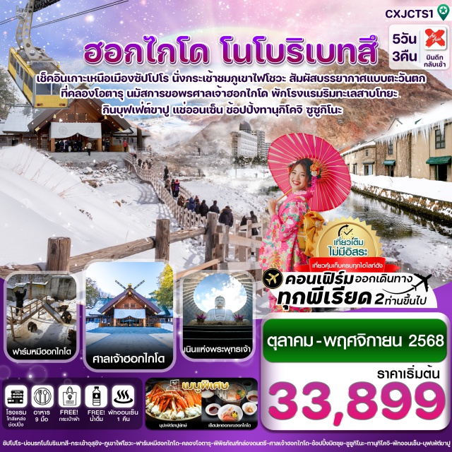 ฮอกไกโด โนโบริเบทสึ โอตารุ -ขึ้นกระเช้าชมวิวภูเขาไฟโชวะชินซัน , ชมฟาร์มหมีสุดคิ้วบนเกาะฮอกไกโด 
-เข้านมัสการศาลเจ้าฮอกไกโด , เนินเขาพระพุทธเจ้า
-สัมผัสบรรยากาศแบบตะวันตก คลองโอตารุ , ชมนาฬิกาไอน้ำโบราณ 
-เดินเล่นถนนซาไกมาจิ , พิพิธภัณฑ์กล่องดนตรี
-ช้อปปิ้งทานุจิโคจิ ซูซูกิโนะ , มิตสุย เอาท์เล็ท
-อิ่มอร่อยกับเมนูพิเศษ !! บุฟเฟ่ต์ขาปู / เซ็ตปลาฮอกเกะ
-พักโรงแรม เมืองริมทะเลสาบโทยะ แช่ออนเซ็น 1 คืน / พักซัปโปโรใกล้แหล่งช้อปปิ้ง 2 คืน