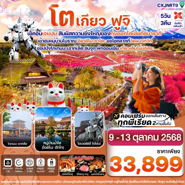 โตเกียว ฟูจิ อิบารากิ -เข้าชมทุ่งดอกโคเชีย สวนฮิตาชิ ซีไซด์ พาร์ค ทุ่งดอกไม้สีแดง 
-เดินเล่นหมู่บ้านน้ำใส โอชิโนะ ฮักไก , ย่านเมืองเก่าซาวาระ ในบรรยากาศใบไม้เปลี่ยนสี
-ชมวิวฟูจิทะเลสาบคาวากุจิโกะ , สวนโออิชิปาร์ค , ชมหุ่นกันดั้มโอไดบะ
-นมัสการวัดโกโทคุจิ (วัดแมวกวัก) วัดเก่าแก่แห่งเมืองโตเกียว
-ช้อปปิ้งชินจูกุ , โกเทมบะพรีเมี่ยม เอาท์เล็ต , อิออนมอลล์
-อิ่มอร่อยกับเมนูพิเศษ !! บุฟเฟ่ต์ขาปู / ชาบู ชาบู สไตล์ญี่ปุ่น / บุฟเฟ่ต์ปิ้งย่างยากินิกุ
-พักโรงแรม เมืองฟูจิ 1 คืน (แช่ออนเซ็น 1 คืน) / พัก นาริตะ 2 คืน