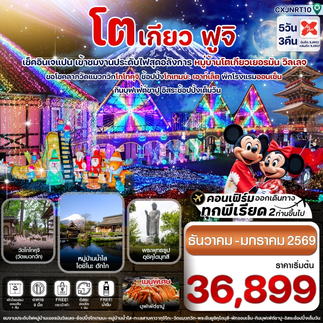 โตเกียว ฟูจิ หมู่บ้านน้ำใส - เข้าชมเทศกาลประดับไฟหมู่บ้าน โตเกียว เยอรมัน วิลเลจ
-เดินเล่นหมู่บ้านน้ำใส โอชิโนะ ฮักไก , ชมวิวฟูจิริมทะเลสาบคาวากุจิโกะ
-นมัสการขอโชคลาภ วัดโกโทคุจิ (วัดแมวกวัก) , วัดนาริตะซัน
-ชมพระพุทธรูปางยืนองค์ใหญ่แห่งจังหวัดอิบารากิ
-ช้อปปิ้งโกเทมบะพรีเมียม เอาท์เล็ต , อิสระช้อปปิ้งเต็ม 1 วัน
-อิ่มอร่อยกับเมนูพิเศษ !! บุฟเฟ่ต์ขาปูยักษ์
-พักโรงแรม เมืองฟูจิ 1 คืน (แช่ออนเซ็น) / พัก นาริตะ 2 คืน
-บินกลางคืน – กลับกลางคืน (บริการอาหารร้อนบนเครื่องไป-กลับ และ น้ำหนัก 20กก./ท่าน)
#มีวันอิสระ