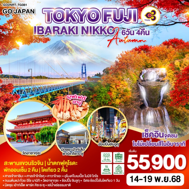 โตเกียว อิบารากิ นิกโก้ ฟูจิ สะพานแขวนริวจิน | น้ำตกฟุคุโรดะ | พักออนเซ็น 2 คืน | โตเกียว 2 คืน
ㆍศาลเจ้าคาชิมะㆍศาลเจ้าโทโชคุㆍคาวาโกเอะ
ㆍอุโมงค์ใบเมเปิ้ล โมมิจิ ไคโร ㆍถนนแปะก๊วย อิโช นามิกิ
ㆍวัดอาซากุซะㆍช้อปปิ้ง ชินจูกุㆍอิสระช้อปปิ้งในโตเกียว 1 วัน
ㆍมิตซุย เอ้าท์เล็ต พาร์ค คิซะระซุㆍ แช่น้ำแร่ธรรมชาติ