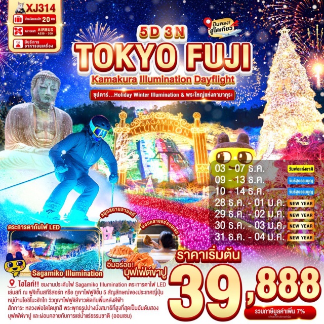 โตเกียว คามาคุระ ชินจูกุ ศาลเจ้าฮิเอะ -ชมงานประดับไฟ SAGAMIKO ILLUMINATION ตระการตากับไฟ LED กว่า 6 ล้านดวง
-เล่นสกี ณ ฟูจิเท็นสกีรีสอร์ท หรือ ภูเขาไฟฟูจิชั้น 5 สัญลักษณ์ของประเทศญี่ปุ่น(ขึ้นอยู่กับสภาพอากาศ)
-หมู่บ้านโอชิโนะฮักไก วิวภูเขาไฟฟูจิสีขาวตัดกับพื้นหลังสีฟ้า เป็นภาพที่สวยงามมาก
-สักการะ หลวงพ่อโตไดบุทสึ พระพุทธรูปปางนั่งสมาธิที่สูงที่สุดเป็นอันดับสองของประเทศญี่ปุ่น
-ศาลเจ้าสีรุงะโอะกะฮะจิมัง ศาลเจ้าเก่าแก่คู่บ้านคู่เมืองของเมืองคามาคุระที่มีอายุเก้าร้อยกว่าปี
-สัมผัสวัฒนธรรมญี่ปุ่น เรียนรู้พิธีชงชาแบบต้นตำหรับญี่ปุ่น
-ช้อปปิ้งจุใจ อิออน และ ชินจูกุ พร้อมเช็คอิน แลนด์มาร์คแห่งใหม่ แมวยักษ์ 3 มิติ
-บุฟเฟ่ต์ขาปู และผ่อนคลายกับการแช่น้ำแร่ธรรมชาติ (ออนเซน)
-มีน้ำดื่มบริการบนรถบัสวันละ 1 ขวด