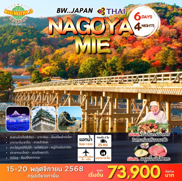 นาโกย่า โครังเค วัดโอสึ โยโกยาม่า สะพานโทเก็ตสึเคียว - นากาชิมะ - ช็อปปิ้งเอ้าท์เล็ต
นาบานาโนะซาโตะ - ศาลเจ้าอิเสะ
เกาะไข่มุกมิกิโมโต้ - รถไฟนินจา - หมู่บ้านนินจาอิงะ
ปราสาทนาโกย่า - สวนโทคุกาว่า
วัดโอสุ - ช๊อปปิ้งซากาเอะ