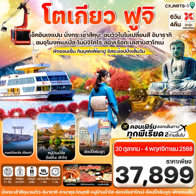 ใบไม้แดง ศาลเจ้าดัง ดิสนีย์สุดมัน โตเกียวㆍอิบารากิㆍกระเช้าลอยฟ้าสึคุบะ (Tsukuba Ropeway)ㆍศาลเจ้าสึคุบะซัง (Tsukubasan Shrine)ㆍศาลเจ้าโออาไร อิโซซากิ (Oarai Isosaki Shrine)ㆍคามาคุระ (Kamakura)ㆍพระใหญ่คามาคุระ (Great Buddha of Kamakura)ㆍหมู่บ้านน้ำใส โอชิโนะ ฮักไก (Oshino Hakkai)ㆍอุโมงค์ใบเมเปิ้ล โมมิจิไคโร (Momiji Kairo)ㆍล่องเรือฮาโกเน่ SORAKAZEㆍพิพิธภัณฑ์แผ่นดินไหวㆍชินจูกุ (Shinjuku)ㆍโตเกียวดิสนีย์แลนด์ (Tokyo Disneyland)
#มีวันอิสร
