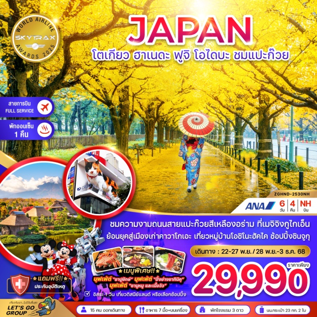 โตเกียว ฮาเนดะ ฟูจิ อิบารากิ วัดอาซากุสะ (Asakusa Temple)ㆍถนนนาคามิเสะ (Nakamise Street)ㆍคาวาโกเอะ (Kawagoe)ㆍถนนคุระซึคุริ (Kurazukuri Street)ㆍหอนาฬิกาโทคิโนะ คาเนะ (Toki no Kane Clock Tower)ㆍตรอกคาชิยะโยโคโช (Kashiya Yokocho Alley)ㆍทานขาปูยักษ์ + อาบน้ำแร่ธรรมชาติ (Giant Crab Dining & Onsen)ㆍหมู่บ้านโอชิโนะฮัคไค (Oshino Hakkai)ㆍพิพิธภัณฑ์แผ่นดินไหว (Earthquake Museum)ㆍชินจูกุ (Shinjuku Shopping)ㆍดิสนีย์แลนด์ โตเกียว (Tokyo Disneyland, optional) ‑ ถนนต้นแปะก๊วยเมจิจิงกูไกเอ็น (Meiji Jingu Gaien Ginkgo Avenue)ㆍตลาดปลาซึกิจิ (Tsukiji Fish Market)ㆍโอไดบะ (Odaiba)ㆍอิออน มอลล์ (Aeon Mall)