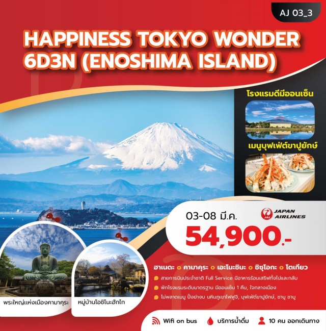 โตเกียว ย่านชินจูกุ โอชิโนะฮักไก คามาคุระ (Kamakura)ㆍพระใหญ่แห่งเมืองคามาคุระ (Great Buddha of Kamakura / Kotoku-in)ㆍเกาะเอโนชิมะ (Enoshima Island)ㆍศาลเจ้าเอโนชิมะ (Enoshima Shrine)ㆍถนนเบ็นไชเท็นนากามิเสะ (Benzaiten Nakamise Street)ㆍสวนเอโนชิมะ ซามูเอล ค็อกกิ้ง (Enoshima Samuel Cocking Garden)ㆍEnoshima Sea Candleㆍชิซุโอกะ (Shizuoka)ㆍออนเซ็น (Onsen)ㆍหมู่บ้านน้ำใสโอชิโนะฮักไก (Oshino Hakkai Village)ㆍศาลเจ้าฮอนกุเซ็นเก็น (Hongu Sengen Shrine)ㆍโตเกียว (Tokyo)ㆍย่านชินจูกุ (Shinjuku Shopping Area)ㆍโตเกียวดิสนีย์แลนด์ (Tokyo Disneyland – Optional Tour)ㆍโตเกียวดิสนีย์ซี (Tokyo DisneySea – Optional Tour)ㆍโทโยสึ เซ็นเกียคุบันไร (Toyosu Senkyakubanrai)ㆍย่านชิบุย่า (Shibuya Shopping Area)ㆍMitsui Outlet Park Kisarazu