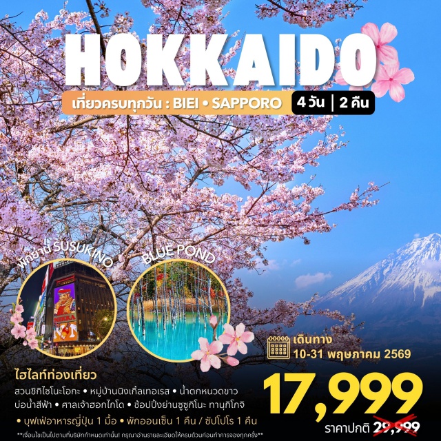 นิงเกิ้ลเทอเรส น้ำตกชิโรฮิเงะ ลานหิมะชิกิไซโนะโอกะ ศาลเจ้าฮอกไกโด โตเกียว (Tokyo)ㆍนิงเกิ้ลเทอเรส (Ningle Terrace)ㆍน้ำตกชิโรฮิเงะ (Shirahige Waterfall)ㆍบ่อน้ำสีฟ้าชิโรกาเนะ (Shirogane Blue Pond)ㆍทุ่งดอกไม้ชิกิไซโนะโอกะ (Shikisai no Oka)ㆍศาลเจ้าฮอกไกโด (Hokkaido Shrine)ㆍย่านทานุโกจิ (Tanukikoji Shopping Street)