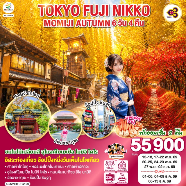 โตเกียว ฟูจิ นิกโก้ คาวาโกเอะ โตเกียว (Tokyo)ㆍนิกโก้ (Nikko)ㆍศาลเจ้าโทโชคุ (Toshogu Shrine)ㆍคาวาโกเอะ (Kawagoe)ㆍหอระฆังโทคิโนะคาเนะ (Toki no Kane)ㆍศาลเจ้าฮิคาวะ (Hikawa Shrine)ㆍทะเลสาบคาวากุจิโกะ (Lake Kawaguchiko)ㆍอุโมงค์ใบเมเปิ้ล โมมิจิ ไคโร (Momiji Kairo Maple Corridor)ㆍถนนอิโช นามิกิ (Icho Namiki Avenue)ㆍชินจูกุ (Shinjuku)ㆍโตเกียวดิสนีย์แลนด์ (Tokyo Disneyland)ㆍวัดอาซากุซะ (Sensoji Temple)ㆍอิออน มอลล์ นาริตะ (AEON Mall Narita)

#ดิสนีย์แลนด์ #มีวันอิสระ