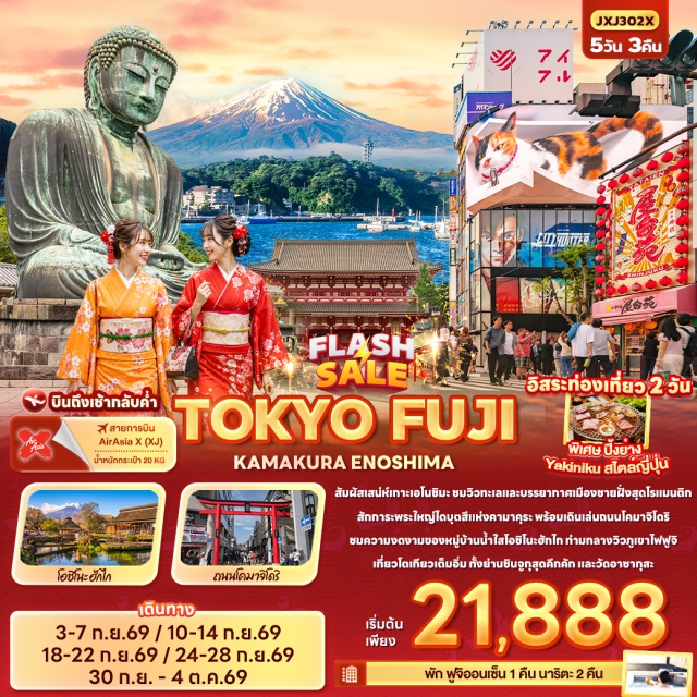 โตเกียว คานางาวะ ยามานาชิ ฟูจิ เกาะเอโนชิมะ พระใหญ่ไดบุตสึ ถนนโคมะชิ-โดริ เกาะเอโนชิมะ (Enoshima Island) ㆍ พระใหญ่ไดบุตสึ (Kamakura Daibutsu) ㆍ ถนนโคมะชิ-โดริ (Komachi-dori Street) ㆍ หมู่บ้านโอชิโนะฮักไก (Oshino Hakkai) ㆍ ย่านชินจูกุ (Shinjuku) ㆍ วัดอาซากุสะ (Asakusa Temple)#มีวันอิสระ