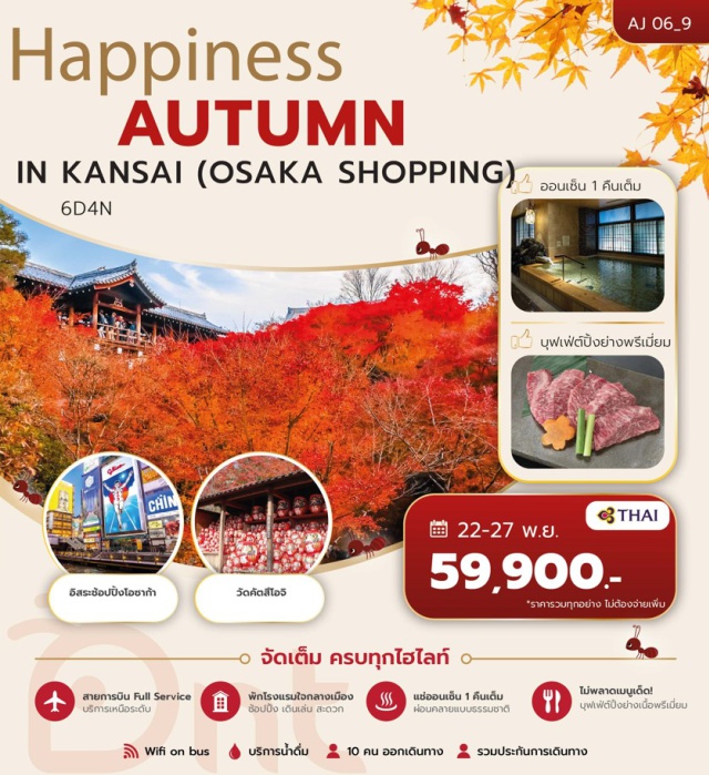 คันไซ โอซาก้า อาราชิยาม่า วัดคิโยมิสึ ป่าไผ่อาราชิยาม่า (Arashiyama Bamboo Grove) ㆍ สะพานโทเก็ตสึเคียว (Togetsukyo Bridge) ㆍ วัดโทฟุคุจิ (Tofukuji Temple) ㆍ วัดคิโยมิสึ (Kiyomizu Temple) ㆍ ย่านซันเนซากะ (Sannenzaka) ㆍ ตลาดนิชิกิ (Nishiki Market) ㆍ น้ำตกมิโนะ (Minoh Waterfall) ㆍ วัดคัตสึโอจิ (Katsuoji Temple) ㆍ ปราสาทโอซาก้า (Osaka Castle) #มีวันอิสระ #Universal