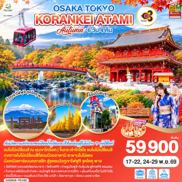 โตเกียว โอซาก้า นารา โครังเค อะตามิ คาวากุจิโกะ วัดโทไดจิ (Todaiji Temple)ㆍกระเช้าโกไซโซ (Gozaisho Ropeway)ㆍหุบเขาโครังเค (Korankei Gorge)ㆍวัดไทเซคิจิ (Taisekiji Temple)ㆍสวนบ๊วยอาตามิ (Atami Plum Garden)ㆍจุดชมวิวฟูจิ จุคโคคุ พาส (Jukkoku Pass)ㆍโกเทมบะพรีเมี่ยมเอาท์เล็ท (Gotemba Premium Outlets)ㆍทะเลสาบคาวากุจิโกะ (Lake Kawaguchiko)ㆍอุโมงค์ใบเมเปิ้ล โมมิจิ ไคโร (Momiji Kairo)ㆍชินจุกุ (Shinjuku)ㆍถนนต้นแปะก๊วย อิโช นามิกิ (Icho Namiki)ㆍวัดอาซากุสะ (Sensoji Temple)

#เที่ยวเต็มไม่มีวันอิสระ