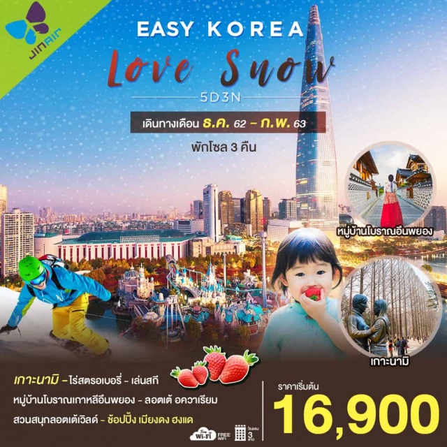 โซล เกาะนามิ ไร่สตรอเบอร์รี่ เล่นสกี หมู่บ้านโบราณเกาหลีอึนพยอง 