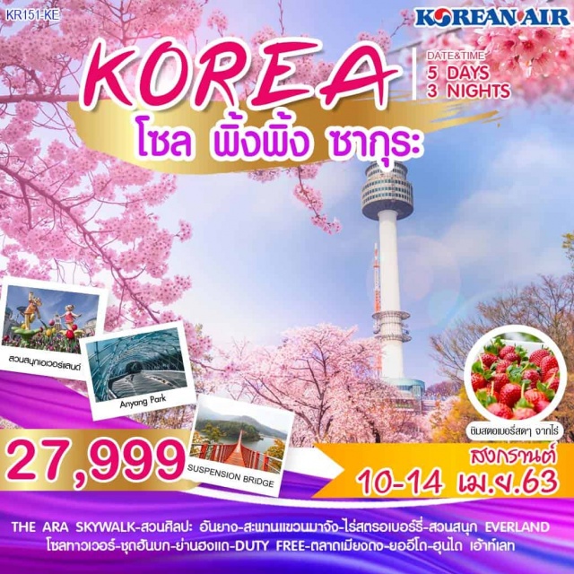  โซล-THEARASKYWALK-สวนศิลปะอันยาง-สะพานแขวนมาไร่สตรอเบอร์รี่-สวนสนุกEVERLAND-LINEFRIENDศูนย์เครื่องสำอาง-โซลทาวเวอร์ศูนย์โสมรัฐบาล-ศูนย์สมุนไพร-พิพิธภัณฑ์สาหร่าย-ชุดฮันบกย่านฮงแด-DUTYFREE-ตลาดเมียงดง
ยออีโด-น้ำมันสนเข็มแดง-ฮุนไดเอ้าท์เลท-SUPERMARKET