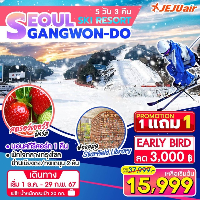 โซล คังวอนโด พักสกีรีสอร์ท นอนสกีรีสอร์ท 1 คืน พักใจกลางกรุงโซล ย่านเมียงดง/ทงแดมุน2 คืน
#มีวันอิสระ