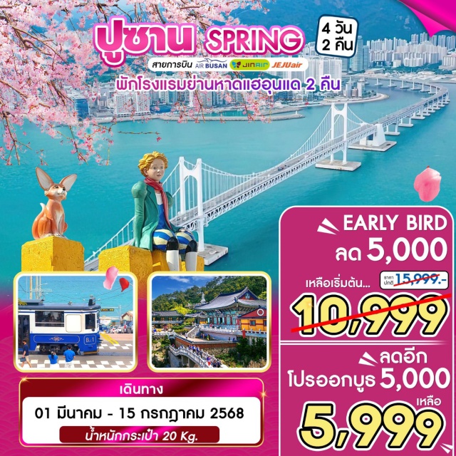 ปูซาน หมูบ้านวัฒนธรรมคัมซอน ชายหาดแฮอุนแด ปูซานฤดูใบไม้ผลิ ชมดอกไม้/ที่เที่ยวตามฤดูกาล หมู่บ้านคัมชอน สะพานซงโด ชมวิวสะพานควังอันรี ถนนภาพยนต์ ชายหาดแฮอุนแด ตลาดไนท์มาร์เก็ต รถไฟ Blue Line Sea Train หอประชุมเอเปค โบสถ์จุกซอง วัดแฮดงยงกุงซา สะพานกระจกโอยุคโด ตลาดนัมโพดง ตลาดปลาจากัลชี