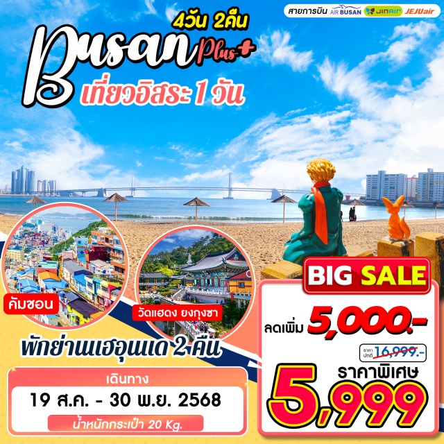 ปูซาน หมู่บ้านวัฒนธรรมคัมชอน ชายหาดแฮอุนแด หมู่วัฒนธรรมคัมชอน วัดแฮดงยุงกุงซา ชาดหาดแฮอุนแด ที่พักเดินถึงตลาดไนท์มาเก็ต ช้อปปิ้งตลาดนัมโพดง มีวันให้อิสระ 1 วัน