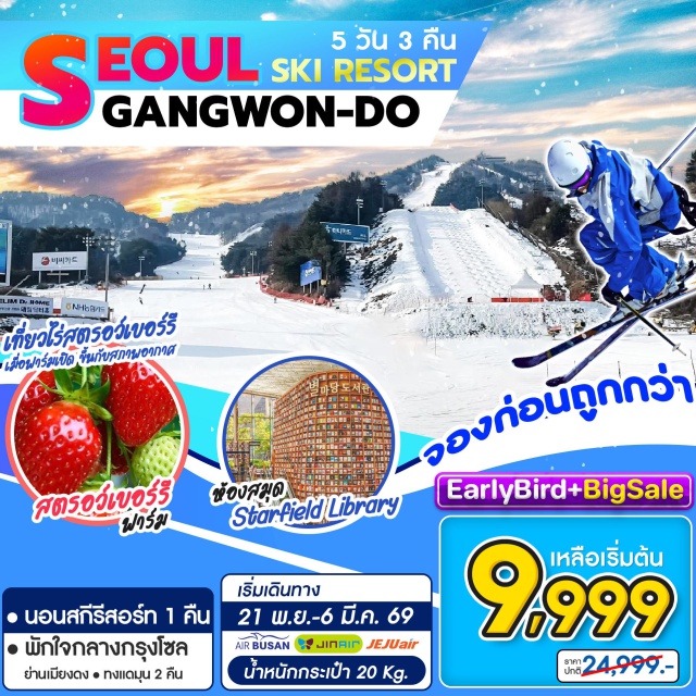 โซล ไร่สตรอเบอร์รี่ สกีรีสอร์ท เที่ยวไร่สตอร์เบอรี่ เข้าสู่ลานสกีที่เมืองคังวอนโด นอนสกีรีสอร์ต1คืน เที่ยวห้องสมุด Starfield Coex Mall นอนโซลย่านเมียงดง/ทงแดมุน2คืน เที่ยวโซลอิสระ1วันครึ่ง ช้อปปิ้งของขึ้นชื่อ